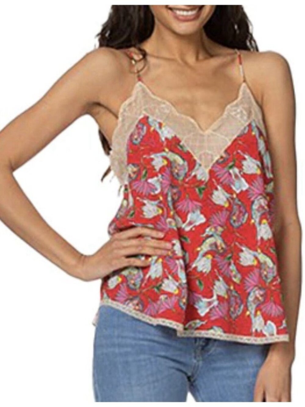 Zadig & Voltaire Christy Cami Paisley Psyche Red Floral Lace Trim 100% Silk Sz S